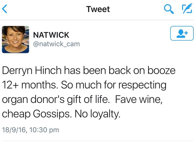 A tweet by Natasha Chadwick, ex-girlfriend of Derryn Hinch