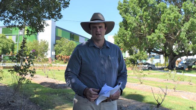 Callide MP Bryson Head opposite Rockhampton Hospital speaking about maternity services.