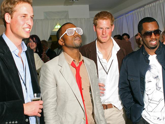 JULY 1, 2007: Prince William (L) and brother Prince Harry join rappers Kanye West (2nd L) and P Diddy during backstage party at Wembley stadium in north London, 01/07/07 following the six-hour long extravaganza in memory of their late mother Diana on what would have been her 46th birthday and to mark the 10th anniversary of her death.Diddy/SingerRoyals / FamilyWest/Singer