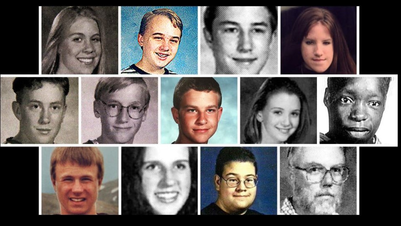 The killers claimed the lives of 12 students and one teacher. Top (L-R): Cassie Bernall, Steven Curnow, Corey DePooter and Kelly Fleming. Middle (L-R): Matthew Kechter, Daniel Mauser, Daniel Rohrbough, Rachel Scott and Isaish Shoels. Bottom (L-R): John Tomlin, Lauren Townsend, Kyle Velasquez and Dave Sanders. Picture: Supplied