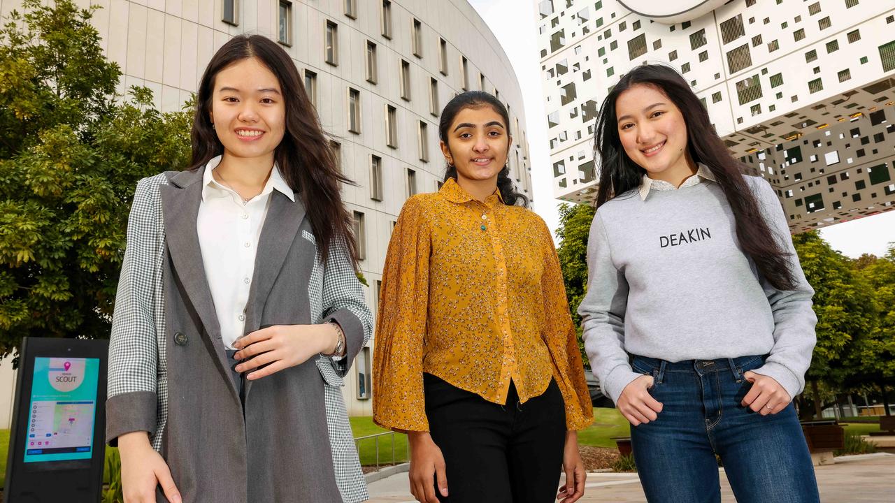 Deakin University students Hoa Pham, Vency Patel, and Elizabeth Ruiza, on campus. Melbourne was ranked the top Australian city for students in 2022 and ranks among the best places in the world for international students to study abroad. Picture: Ian Currie