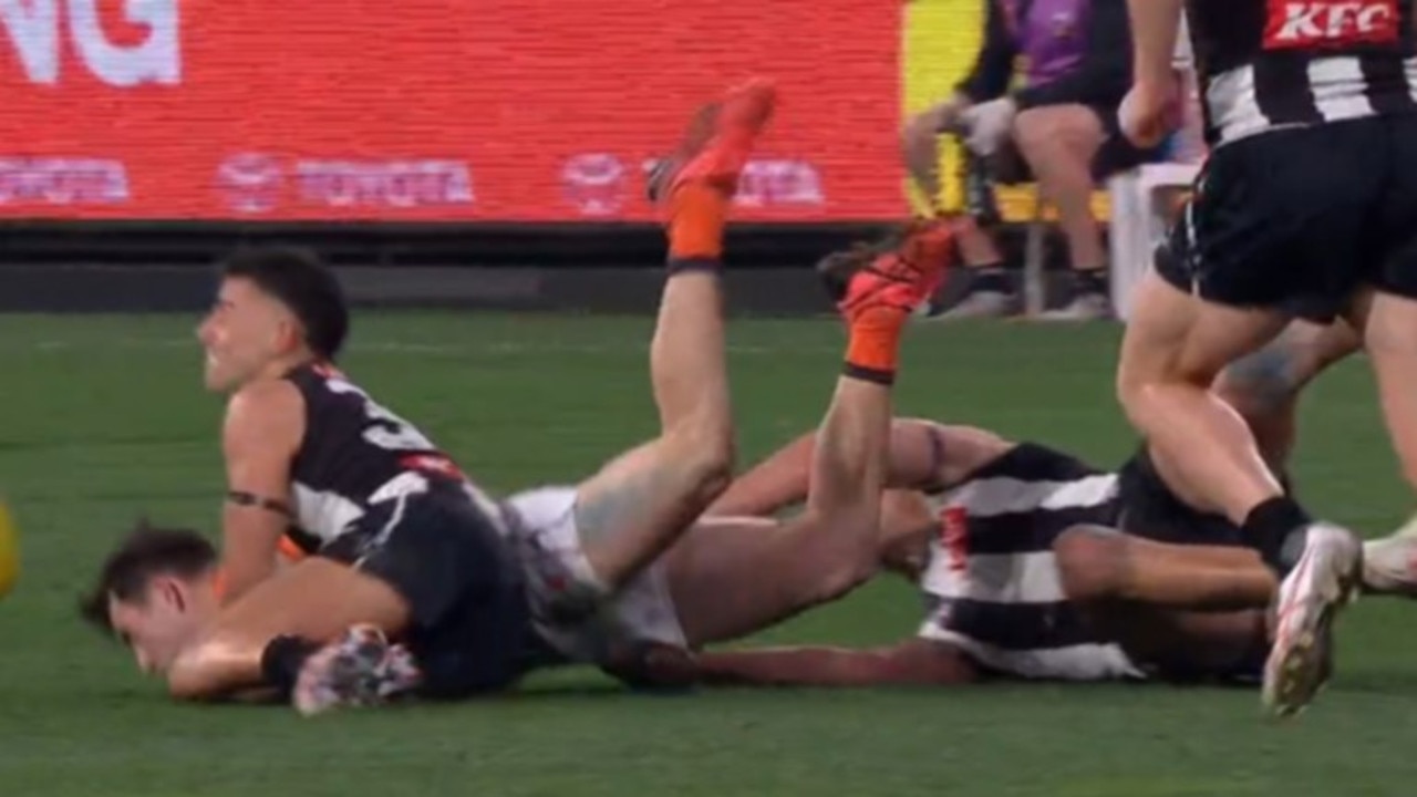 Nick Daicos could be in hot water for this tackle on Brent Daniels. Photo: Seven