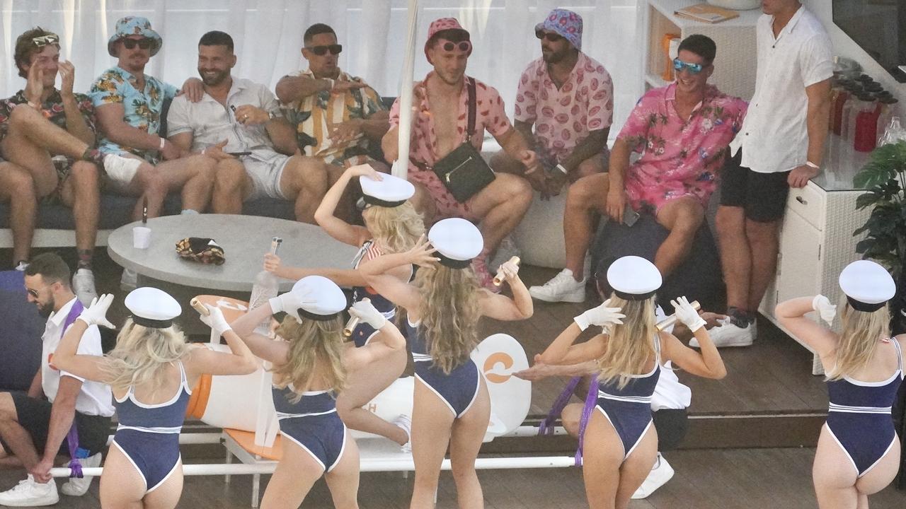 Exclusive pictures: South Sydney Rabbitohs have partied on the Gold Coast with bikini-clad girls, girls dancing and matching outfits as they commiserated their Grand Final loss. Credit: Backgrid