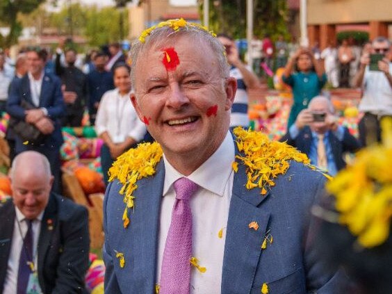 Anthony Albanese is drenched in petals in India. Picture: Instagram