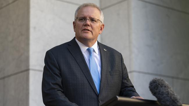 Scott Morrison at the press conference on Monday to announce Marise Payne as the ‘prime minister for women’. Picture: NCA NewsWire/Martin Ollman