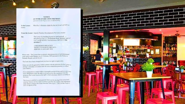 The notice left on the front door of Miss Kay’s Burger Bar at Birkdale. Picture: Contributed