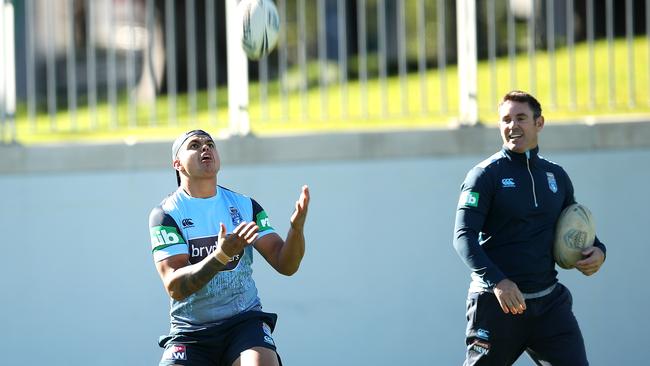 Latrell Mitchell and Brad Fittler during NSW Origin training. Picture: Phil Hillyard