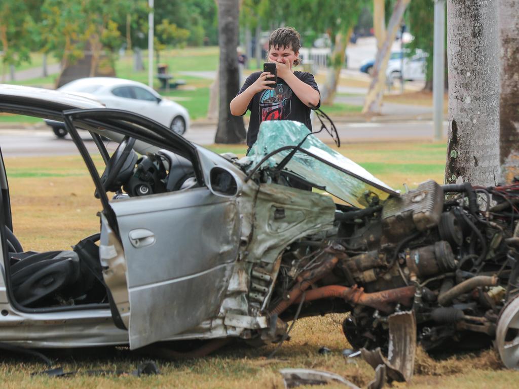 Charlie Van De Graaf was among many amazed at a spectacular single vehicle car crash in front of the Fannie Bay Gaol. Picture: Glenn Campbell