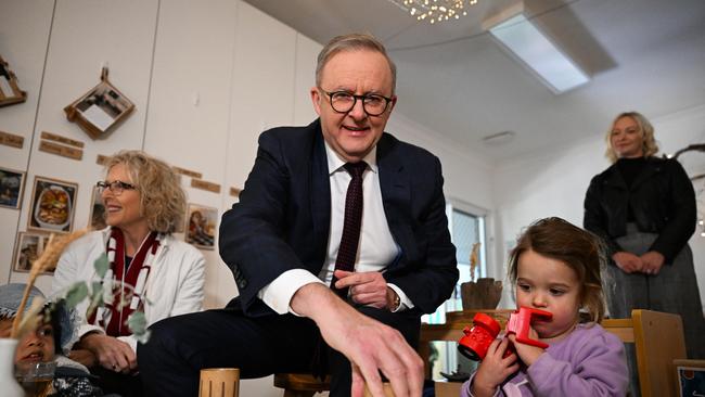 Anthony Albanese visits a childcare centre in Brisbane before announcing the Labor candidate for the seat of Brisbane, Madonna Jarrett. Picture: Dan Peled / NewsWire