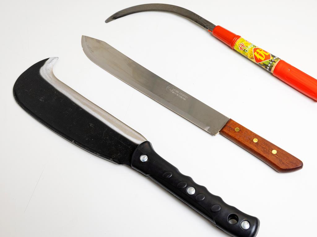 Some of the large edged blades (machetes) bought by the Herald Sun on Wednesday. Picture: Mark Stewart