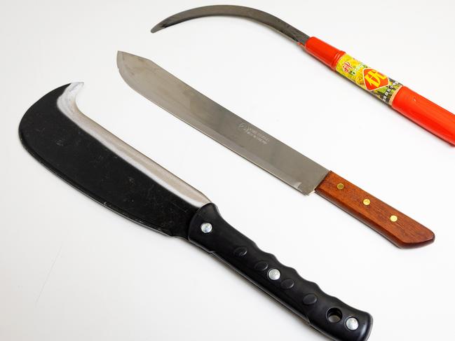 Some of the large edged blades (machetes) bought by the Herald Sun on Wednesday. Picture: Mark Stewart