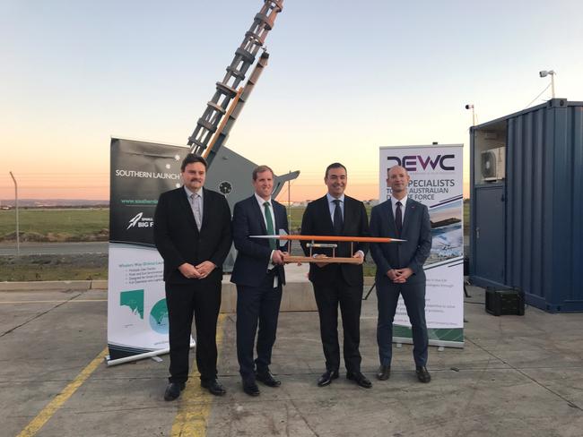 Premier Steven Marshall with DEWC Systems CEO Ian Spencer, Trade Minister Stephen Patterson and Southern Launch CEO Lloyd Damp, right, at the site of the rocket launch. Picture: Supplied