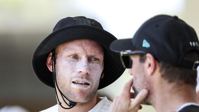 Brad Ebert talking to Port list manager Jason Cripps. Picture: Sarah Reed