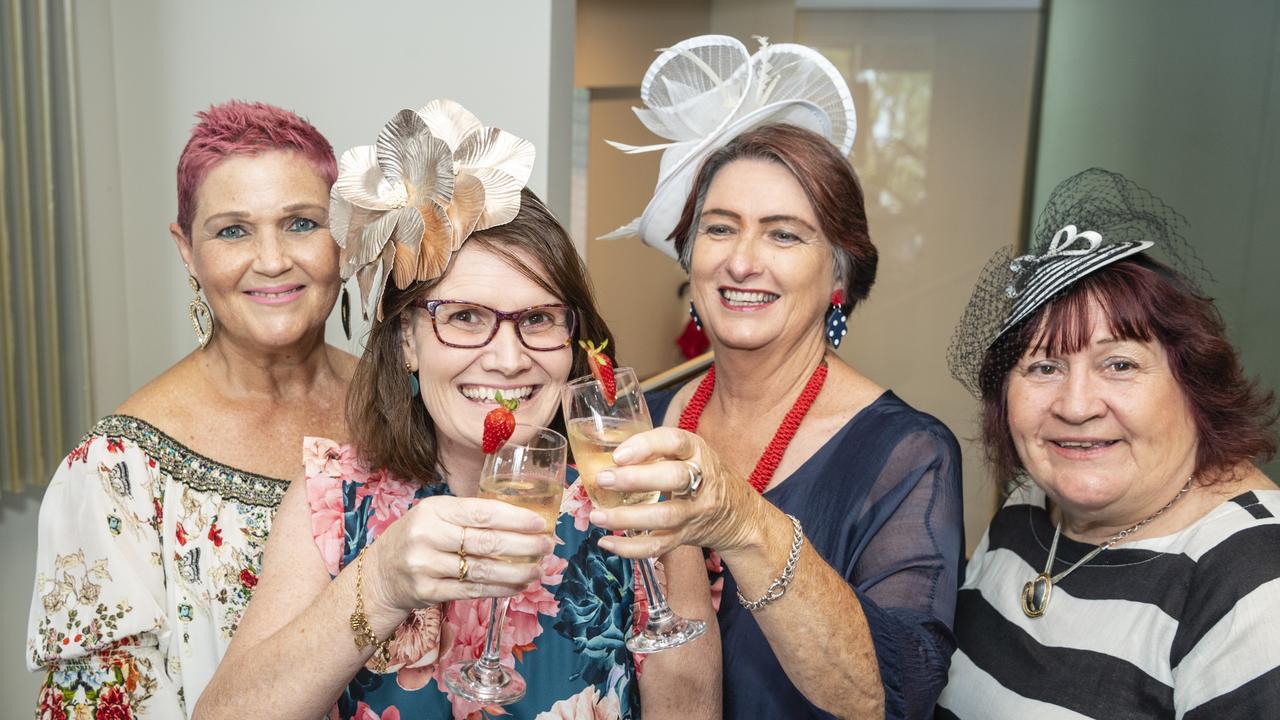 Melbourne Cup luncheon hosted by Rotary Club of Toowoomba City are (from left) Tanya Milligan, Cathy Jocubeit, Wendy Keller and Sally Peacock raising funds for Protea Place, Tuesday, November 1, 2022. Picture: Kevin Farmer