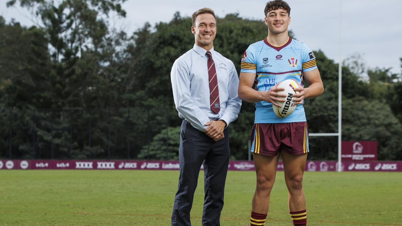 Keebra Park SHS coach Peter Norman with vice captain Seth Nikotemo. Picture Lachie Millard