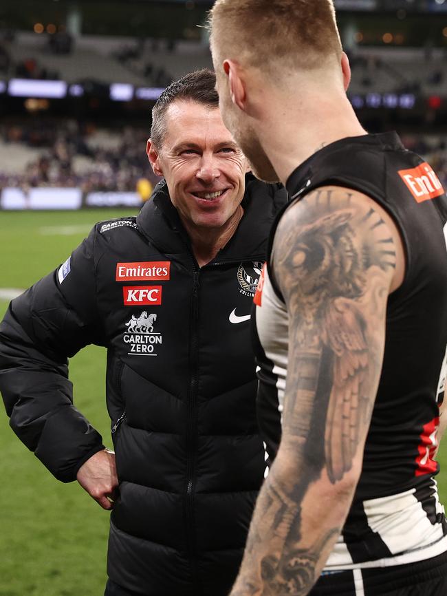 Jordan De Goey chats with Craig McRae after Collingwood’s Round 13 win. Picture: Michael Klein.