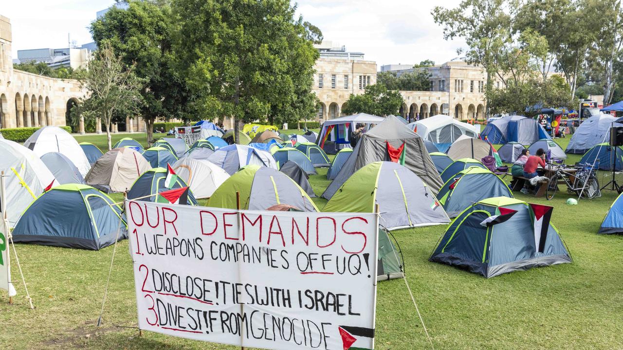 Pro-Palestine supporters and Jewish students have established separate campsites at the University of Queensland at St Lucia. Picture: Richard Walker