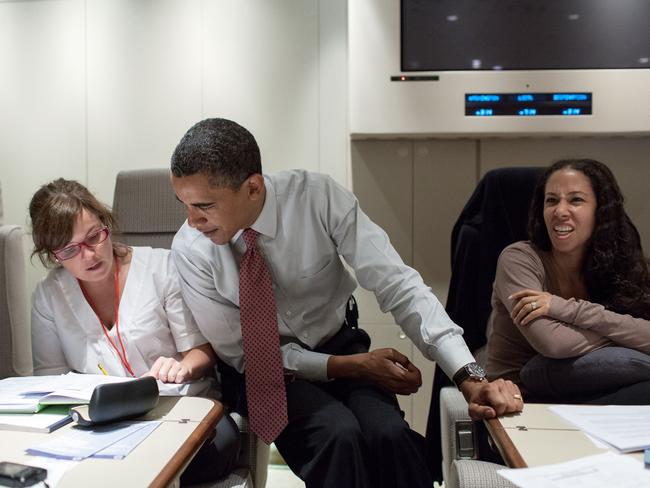 Alyssa Mastromonaco with President Obama and Mona Sutphen aboard Air Force One in July 2009. Picture: Official White House photo by Pete Souza