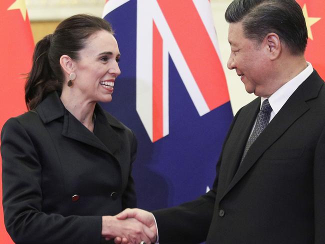 CORRECTION - China's President Xi Jinping (R) shakes hands with New Zealand's Prime Minister Jacinda Ardern before their meeting at the Great Hall of the People in Beijing on April 1, 2019. (Photo by Kenzaburo FUKUHARA / POOL / AFP) / “The erroneous mention[s] appearing in the metadata of this photo has been modified in AFP systems in the following manner: [Byline is Kenzaburo Fukuhara] . Please immediately remove the erroneous mention[s] from all your online services and delete it (them) from your servers. If you have been authorized by AFP to distribute it (them) to third parties, please ensure that the same actions are carried out by them. Failure to promptly comply with these instructions will entail liability on your part for any continued or post notification usage. Therefore we thank you very much for all your attention and prompt action. We are sorry for the inconvenience this notification may cause and remain at your disposal for any further information you may require.”