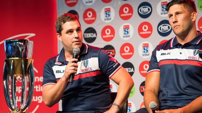 Rebels coach Dave Wessels with captain Adam Coleman at the 2018 Super Rugby launch. Picture: RUGBY.com.au/Stuart Walmsley