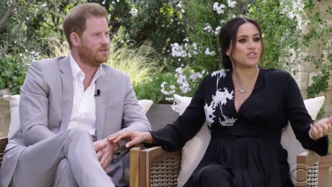 Harry and Meghan seen during interview with Oprah Winfrey. Picture: CBS