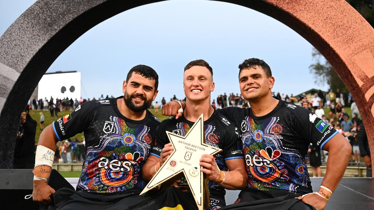 Jack Wighton (C) has close to ties to South Sydney duo Shaquai (L) and Latrell Mitchell (R). Picture: Hannah Peters/Getty Images