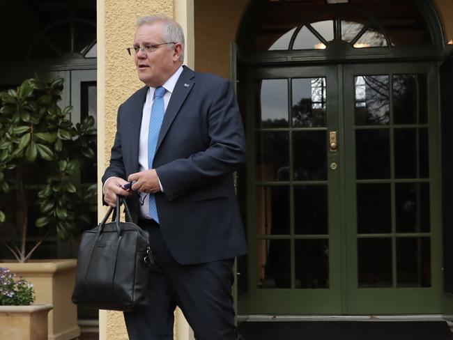 Prime Minister Scott Morrison departing the lodge after completing quarantine following his overseas trip to UK & Europe. Picture: Adam Taylor/PMO