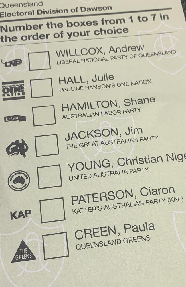 2022 Australian Federal Election – Dawson ballot voting paper. Picture: Rae Wilson