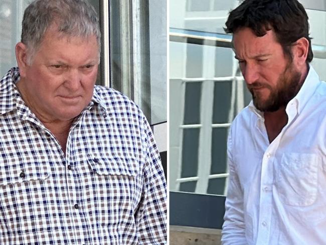 Lake Mary Pines’ Colin Stevens and his son Nathan leaving court after a hearing at Rockhampton Magistrates Court in November 2023 in relation to the workplace death of pineapple picker Cody Smith in 2021.