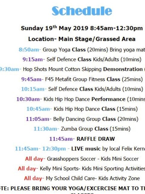 Charity Fitness Event schedule. 