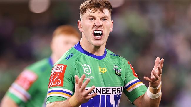 CANBERRA, AUSTRALIA - MAY 22:  George Williams of the Raiders calls for the ball during the round 11 NRL match between the Canberra Raiders and the Melbourne Storm at GIO Stadium, on May 22, 2021, in Canberra, Australia. (Photo by Mark Kolbe/Getty Images)