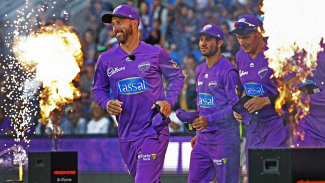 BBL09 elimination final between the Hobart Hurricanes v Sydney Thunder from Blundstone Arena. Hurricane Matthew Wade leads the team out to field. Picture: ZAK SIMMONDS