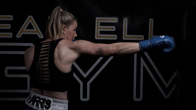 Carlton AFLW star Tayla Harris in the gym as she fights for her goal of winning an Australian middleweight boxing title. Picture: Jason Shepherd @3PointZero