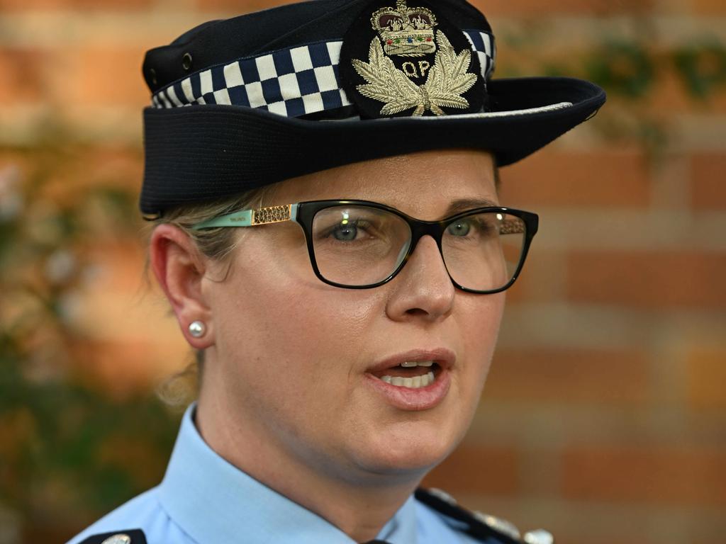 Superintendent Kylie Rigg speaking to media following the stabbing death. Picture: Lyndon Mechielsen/Courier Mail