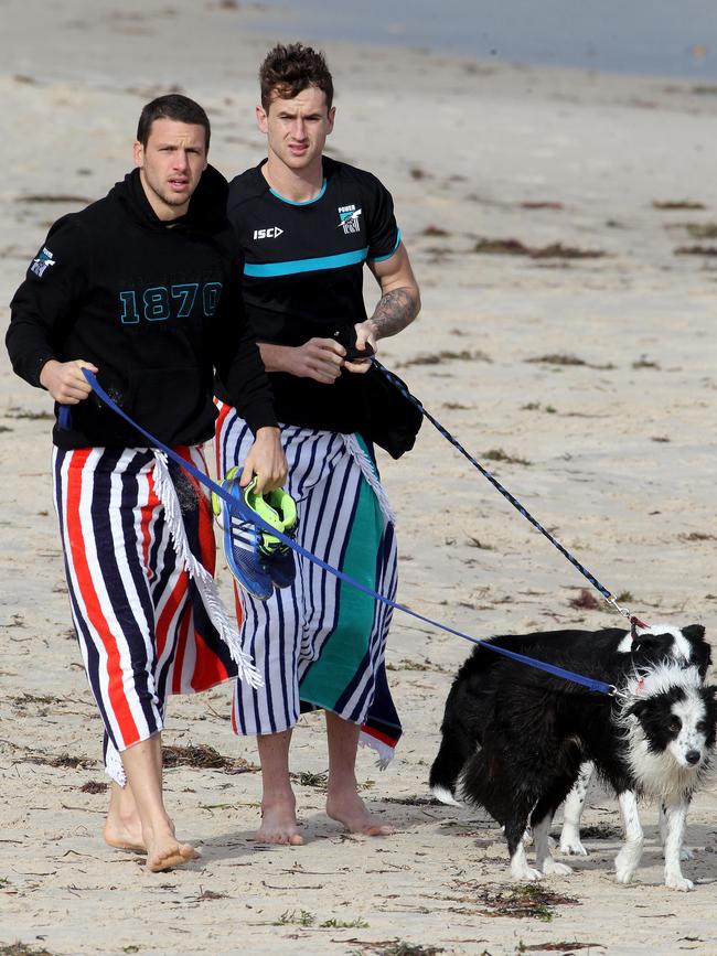 Travis Boak and Cameron O'Shea at a Port Adelaide recovery session in 2013.