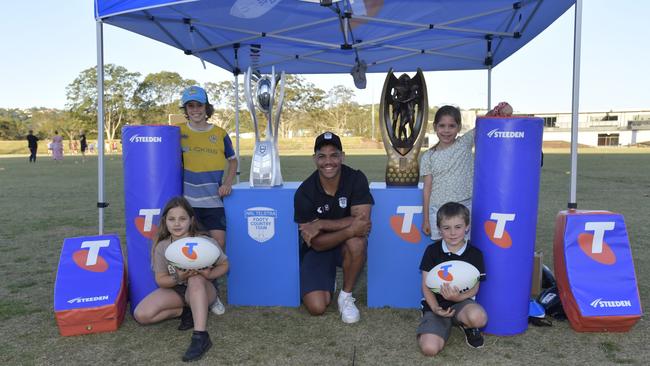 North Coast rugby league players Jaxon Allen, Robbie Grace, Namarlia Saunderson, Frankie Daley with Gold Coast Titan's Brian Kelly at Oakes Oval for the NRL Telstra Country Footy Tour.