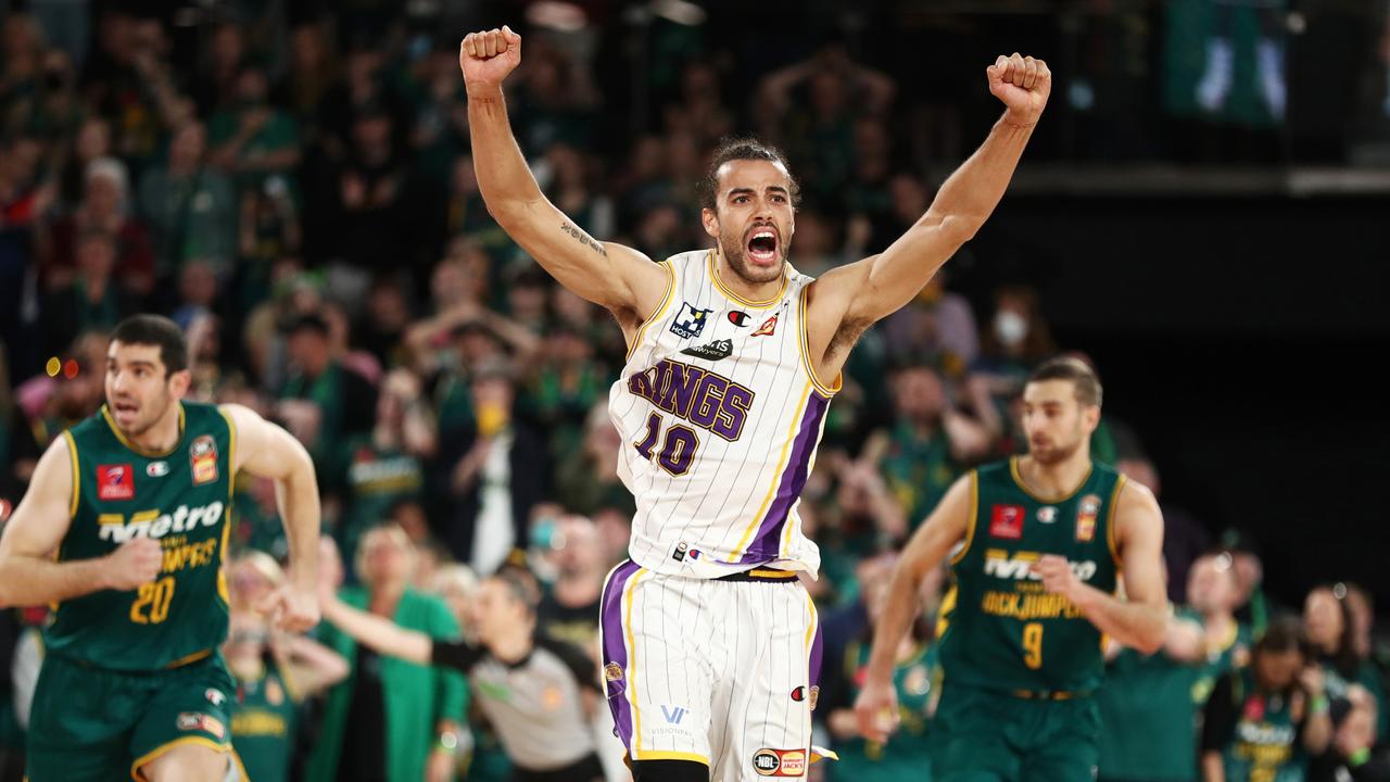 HOBART, AUSTRALIA - MAY 08: Xavier Cooks of the Kings celebrates before the final buzzer during game two of the NBL Grand Final series between Tasmania JackJumpers and Sydney Kings at MyState Bank Arena on May 08, 2022 in Hobart, Australia. (Photo by Mike Owen/Getty Images)