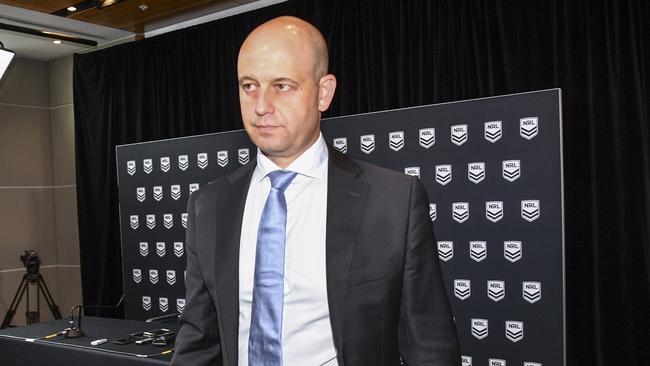 NRL CEO Todd Greenberg leaves a press conference conference in Sydney, Wednesday, December 19, 2018. The NRL Integrity Unit has found evidence that supports the preliminary finding that Sharks coach Shane Flanagan continued to have dealings with the club while he was suspended in 2014. (AAP Image/Brendan Esposito) NO ARCHIVING