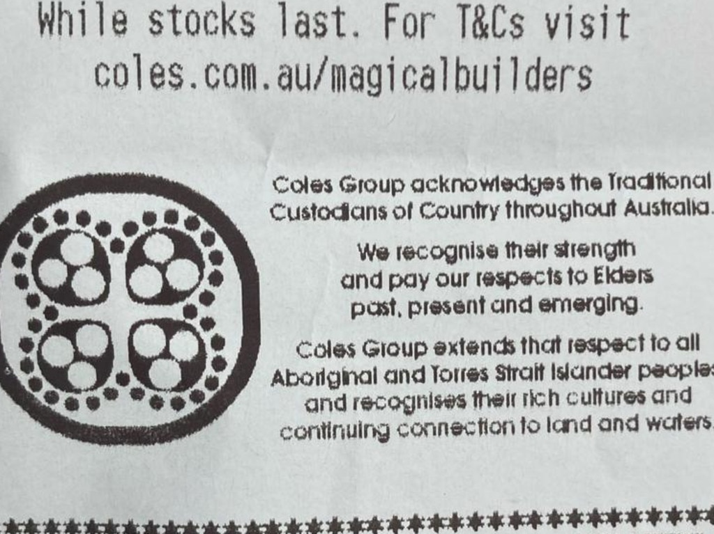 A Coles receipt with an ‘acknowledgement of country’. Picture: Herald Sun