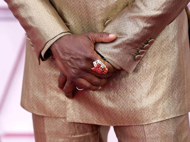 A Black Panther ring worn by Leslie Odom Jr, an apparent tribute to the late Chadwick Boseman. Picture: AFP