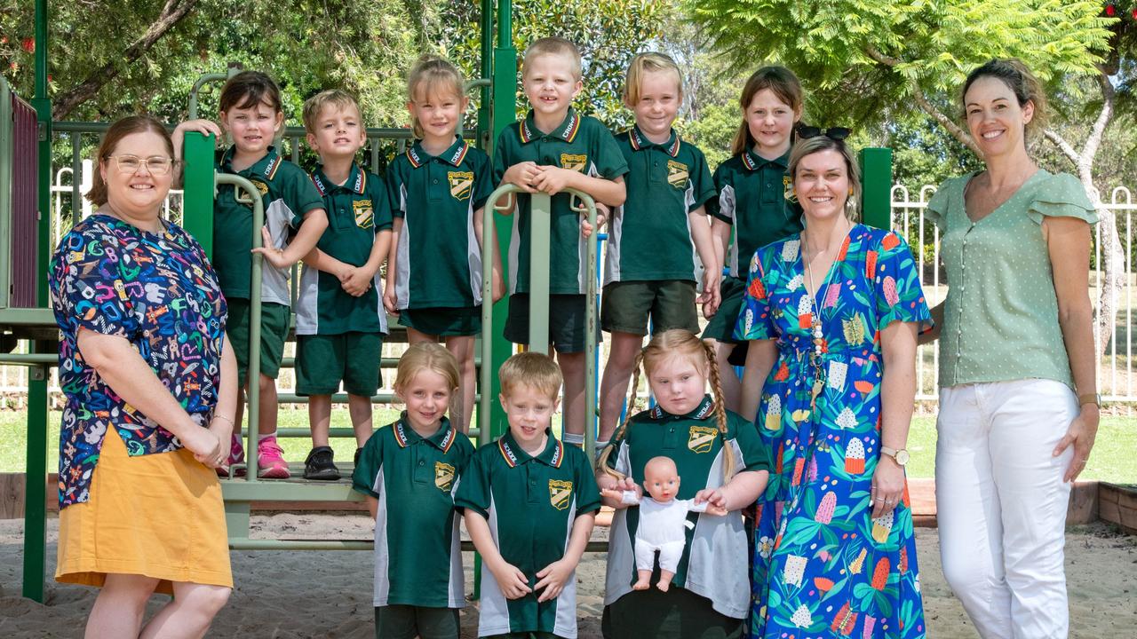 MY FIRST YEAR 2024: Crows Nest State School Prep students with staff (from left) teacher's aide Nicole Wilkinson, teacher Zoe Campbell and teacher's aide Heather Middleton, March 2024. Picture: Bev Lacey