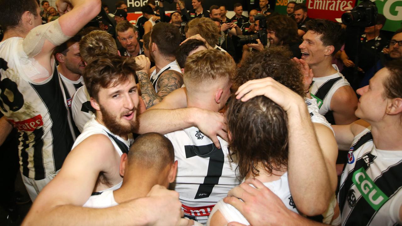 The emotions in the rooms after Collingwood’s win over Richmond. Photo: Michael Klein