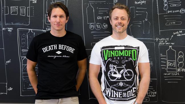 Vinomofo’s founders Andre Eikmeier, who is no longer with the business, and Justin Dry. The AFR claims in its defence that Blue Sky vastly overvalued the business.