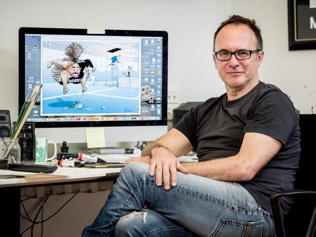 Herald Sun cartoonist Mark Knight at his home studio following the negative reaction to his cartoon. Picture: Jake Nowakowski