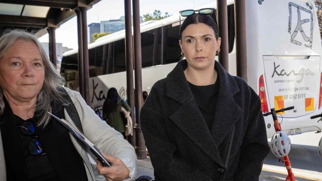 Lauren Willgoose, right, leaves the District Court on Tuesday. Picture: NCA NewsWIRE / Emma Brasier