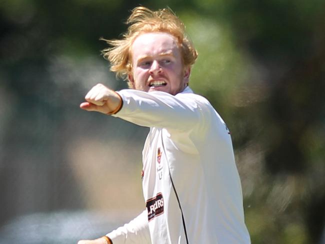 Grade cricket match between Kensington and Glenelg at Parkinson Oval. Kensington's Lloyd Pope celebrates taking the wicket of George Hankins, LBW for 35. 29 February 2020. (AAP Image/Dean Martin)