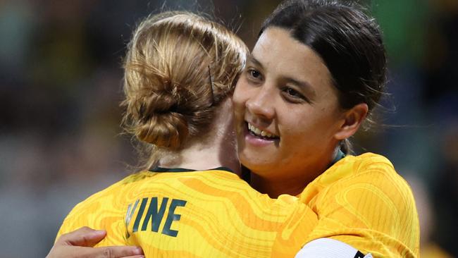 Sam Kerr celebrates her goal with Cortnee Vine. Picture: Colin Murty/AFP