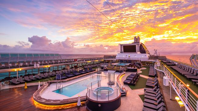 A P&amp;O cruise at sunset.