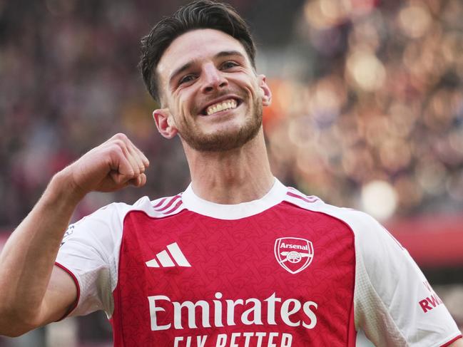 Arsenal's Declan Rice celebrates after scoring his side's opening goal during the English Premier League soccer match between Arsenal and Newcastle United at Emirates stadium in London, Sunday, May 18, 2025. (AP Photo/Kirsty Wigglesworth)