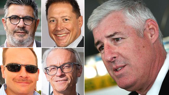 With Rugby Australia chairman Cameron Clyne (right) set to leave, candidates to assume senior management or board positions include (clockwise, from top left) Andrew Demetriou, Phil Kearns, David Gallop and Jarrod Frykberg. Pictures: File